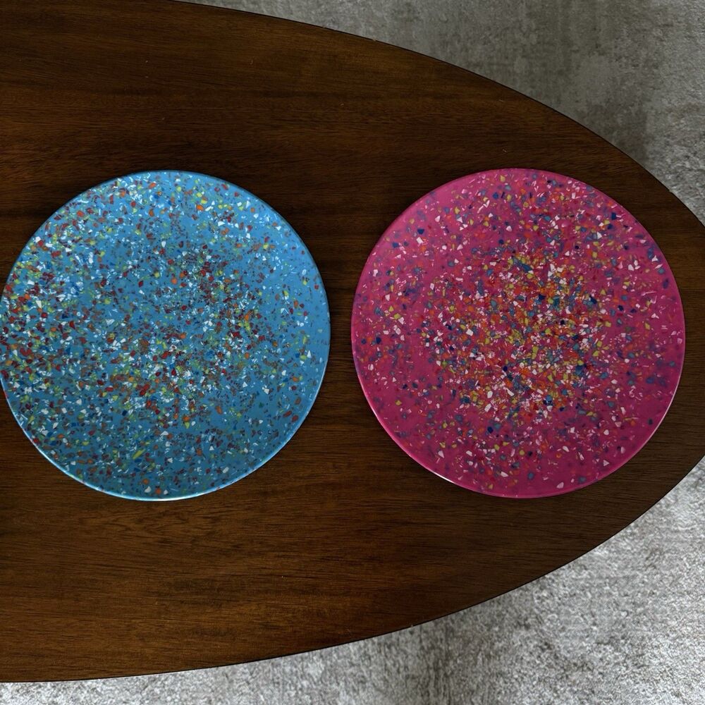 Zak! Designs Pink And Blue Confetti Splatter Melamine 11” Dinner Plates Terrazzo